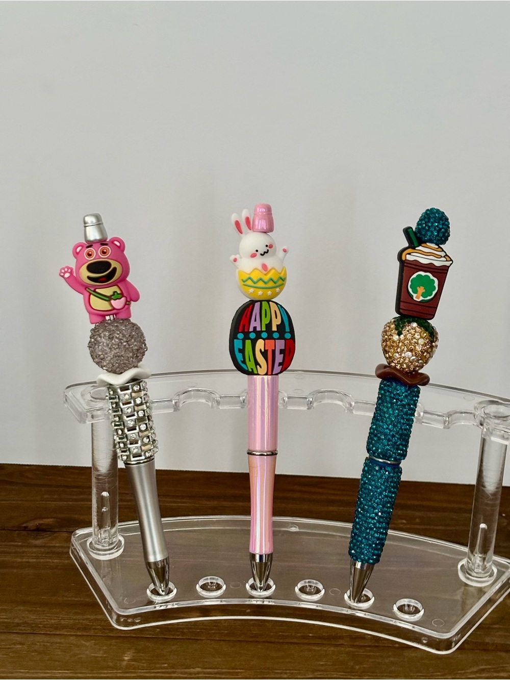 Set of three Pink Easter Bunny Pen with Happy Easter Topper